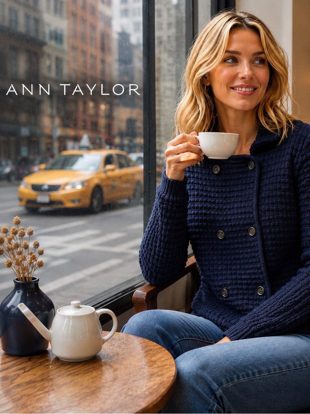 🌸Ann Taylor Navy Double-Breasted Waffle Knit Cardigan size S Cotton Blend Preppy
